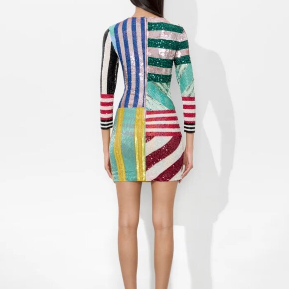 ALICE + OLIVIA Delora sequin and bead-embellished mini dress stripe Size 2 - Picture 3 of 15